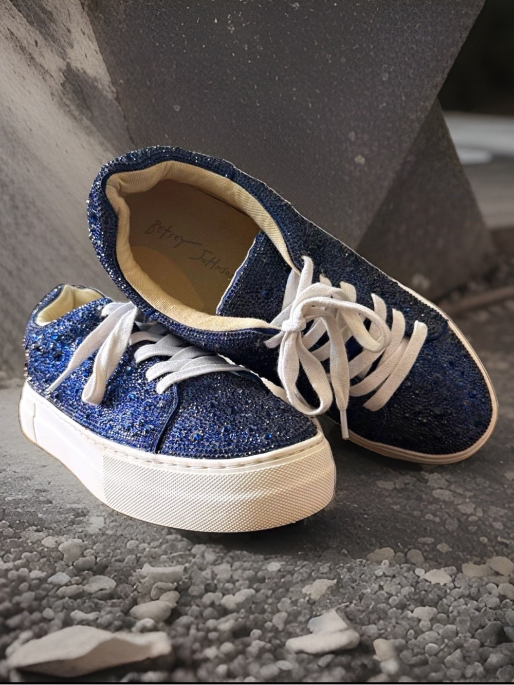 Betsey Johnson Womens 9 Rhinestone Sneakers Navy Blue Crystal Platform Shoes